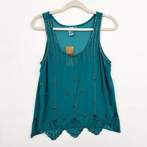 Buttons Size L Tank Top Blouse Beaded Art Deco Semi Sheer Teal Fairy Feminine